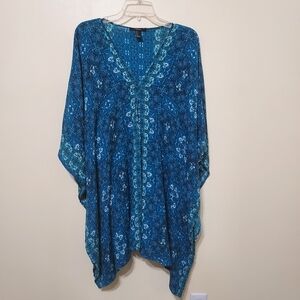 Vibrant Blue Festival Boho Long Line Kimono Cover Up - Small Beach Pool Resort